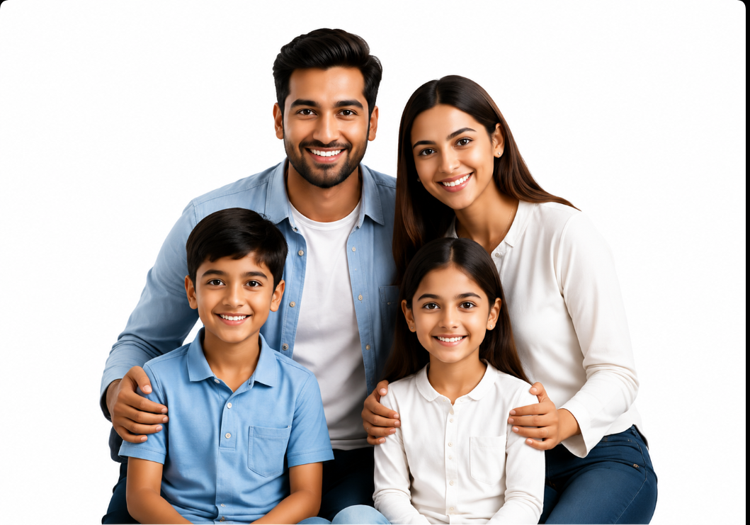 Happy Indian family protected by health and life insurance — PolicyJaruriHai.in insurance advisor